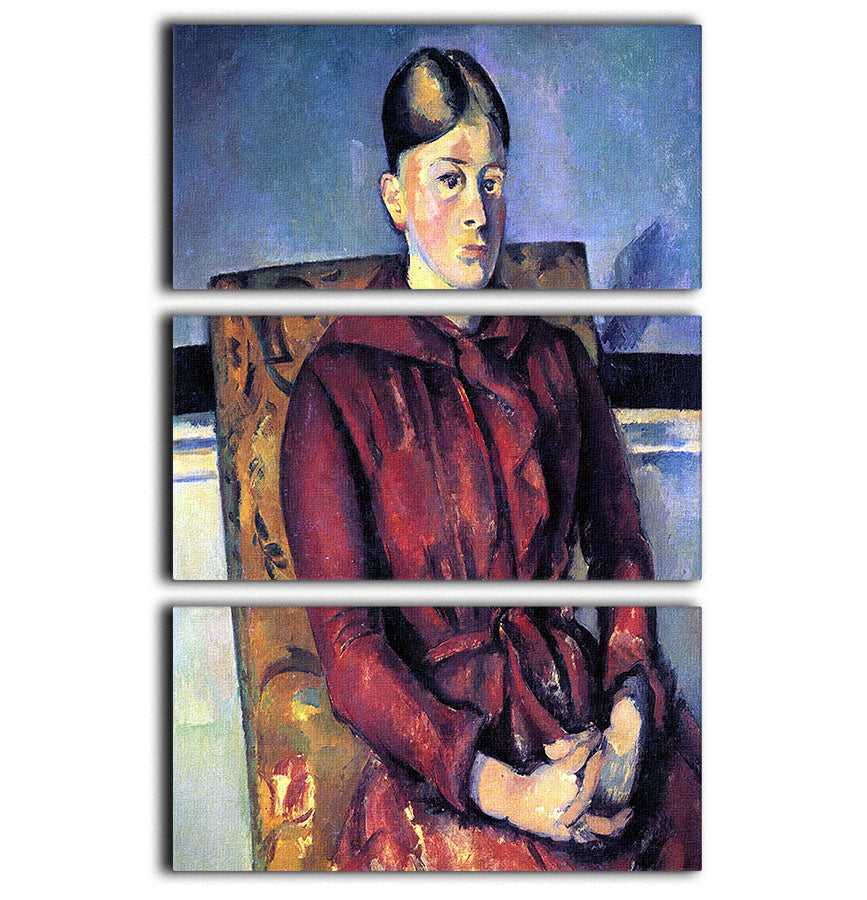 Three-panel canvas art featuring Cezanne's portrait of Mme Cezanne in a yellow armchair, showcasing vibrant colors and intricate details.